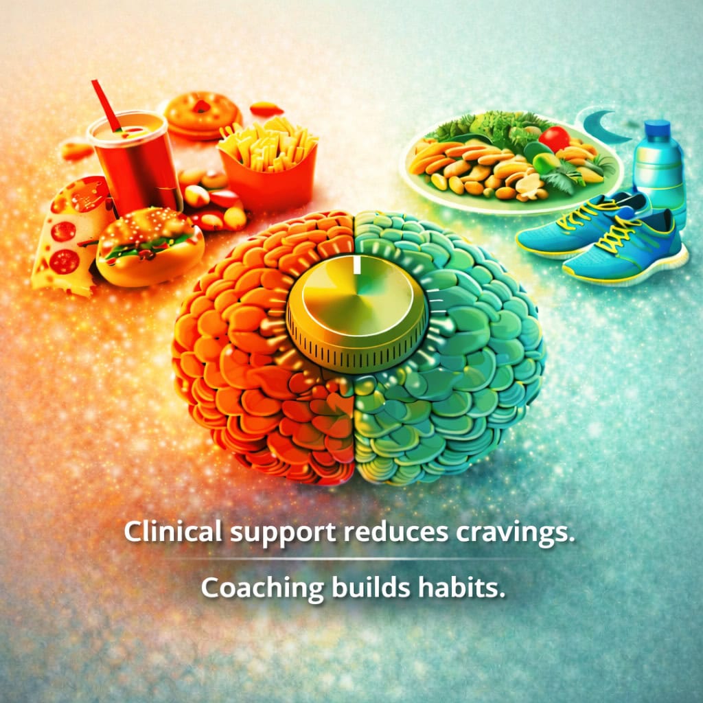Illustration of a brain dial shifting from unhealthy food cravings to healthy habits with clinical support and coaching.