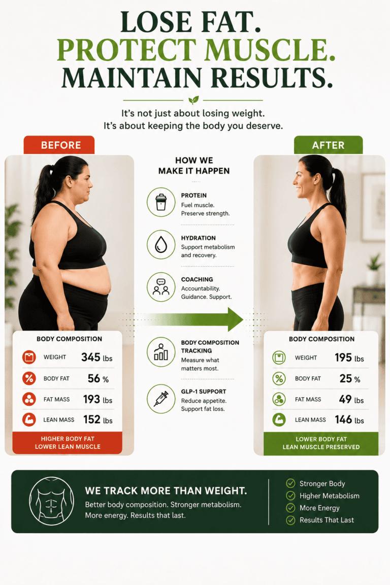 Before and after body composition comparison showing fat loss and lean muscle preservation during a GLP-1 medical weight loss program with coaching, protein-focused nutrition, hydration, and body composition tracking.