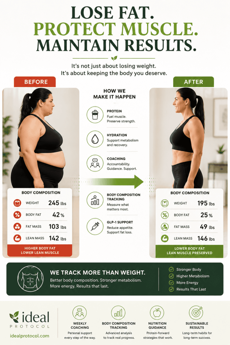 Before and after body composition comparison showing fat loss and lean muscle preservation during a GLP-1 medical weight loss program with coaching, protein-focused nutrition, hydration, and body composition tracking.
