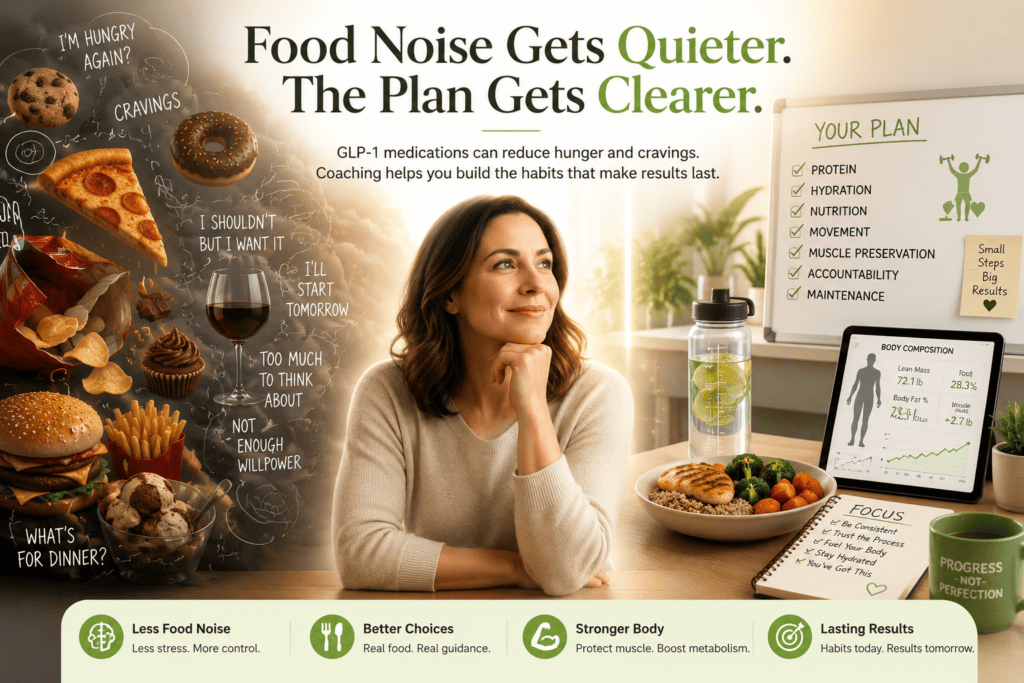 GLP-1 medical weight loss program combining Semaglutide or Tirzepatide with coaching, nutrition guidance, body composition tracking, muscle preservation, and long-term habit support.